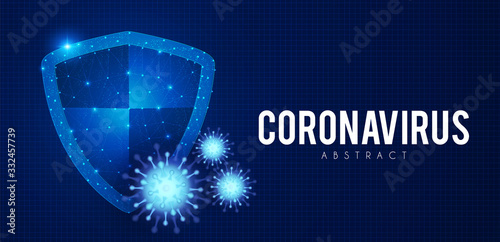 Coronavirus COVID-2019 on blue background. Virus 2019-nCoV cells. Heath security design with shining shield.