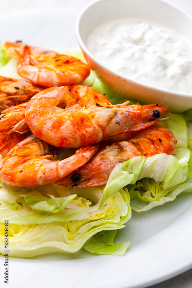 still lfe of grilled shrimps with garlic dip still lfe of grilled shrimps with garlic dip