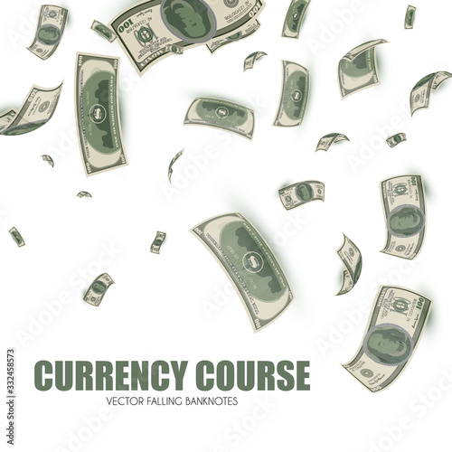 Money rain. Flying banknotes background. Currency course.