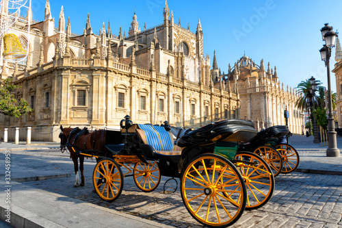 Seville Central Square and Cathedral, yellow carriage in central Andalusia Square