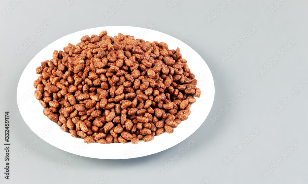 Breakfast with chocolate rice, top view. Space for text Breakfast with chocolate rice, top view. Space for text