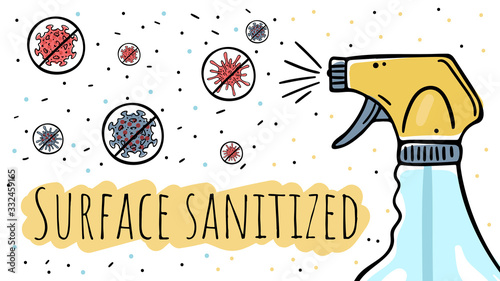 A poster disinfectant spray eliminates viruses. Surface sanitized.