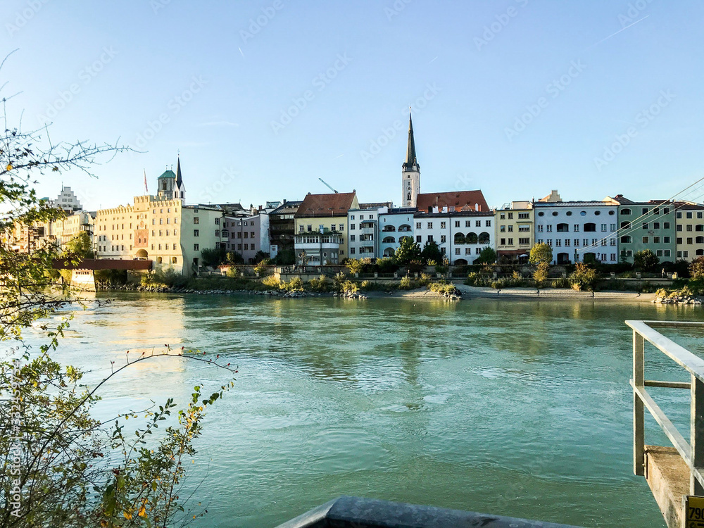 View towards historic city Wasserburg above the Inn river