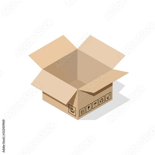 Layout of a miniature open box with a flat shadow for online shopping, delivery services, advertising, a supplier of goods. Isometric style. 3D rendering.