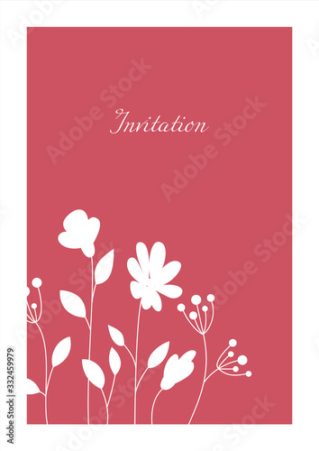 Minimalistic red invitation. Сard with white floral pattern.