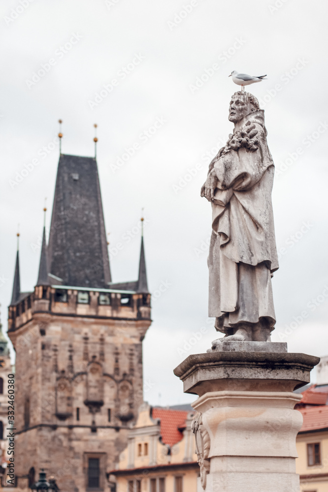statue with seagull on the charles bridge
