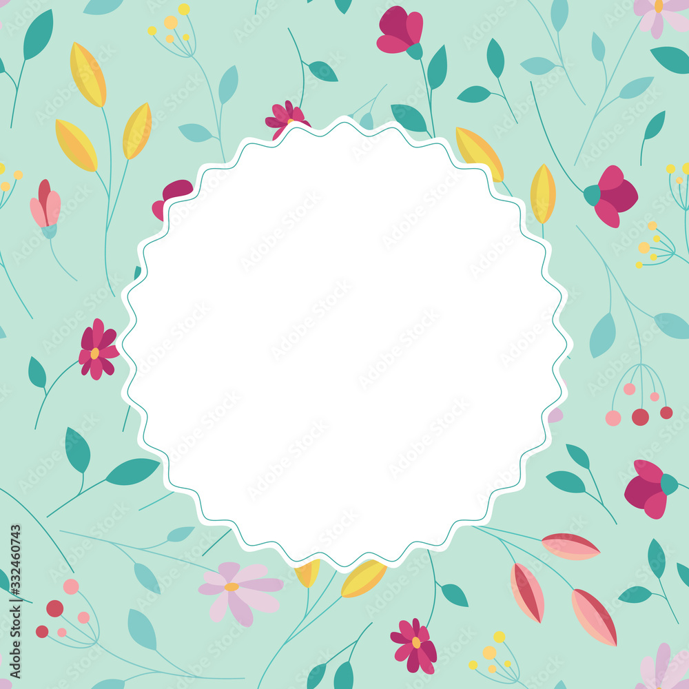 Green card with a floral bright pattern. Space for text. Green card with a floral bright pattern. Space for text.