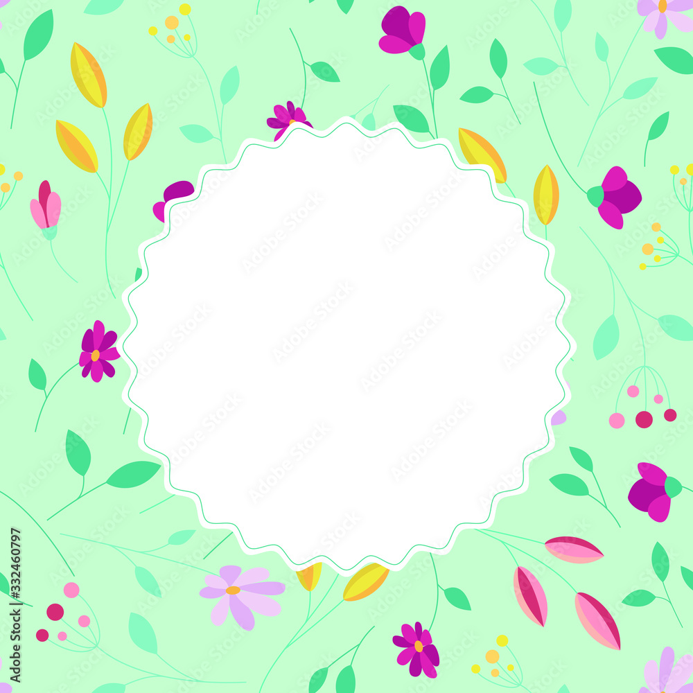 Vector green card with a floral bright pattern. Space for text