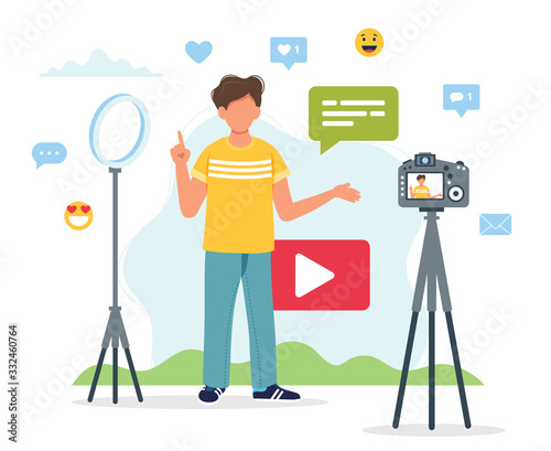 Video blogger recording video with camera and light. Different social media icons. Cute vector illustration in flat style