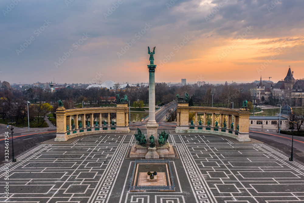 Budapest, Hungary - Aerial view of the totally empty Heroes' Square ...