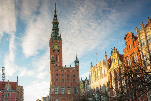 Historic town hall of Gdansk city at sunset  Poland