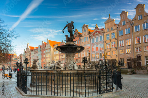 Fountain of Neptune in old town in Gdansk, symbol of the city. Poland