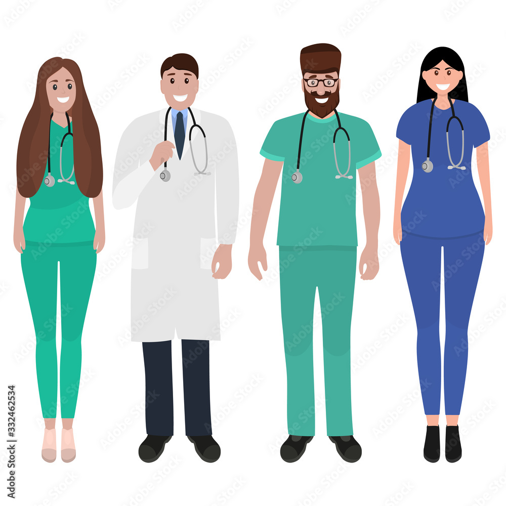 Young male and female doctors with stethoscope in a hospital. Cartoon flat, vector illustration Young male and female doctors with stethoscope in a hospital. Cartoon flat, vector illustration