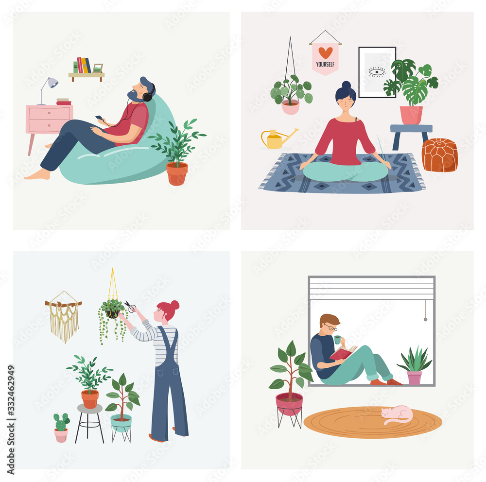 Quarantine, stay at home concept series - people sitting at their home, room or apartment, practicing yoga, enjoying meditation, relaxing on sofa, reading books, baking and listening to the music.  - obrazy, fototapety, plakaty 