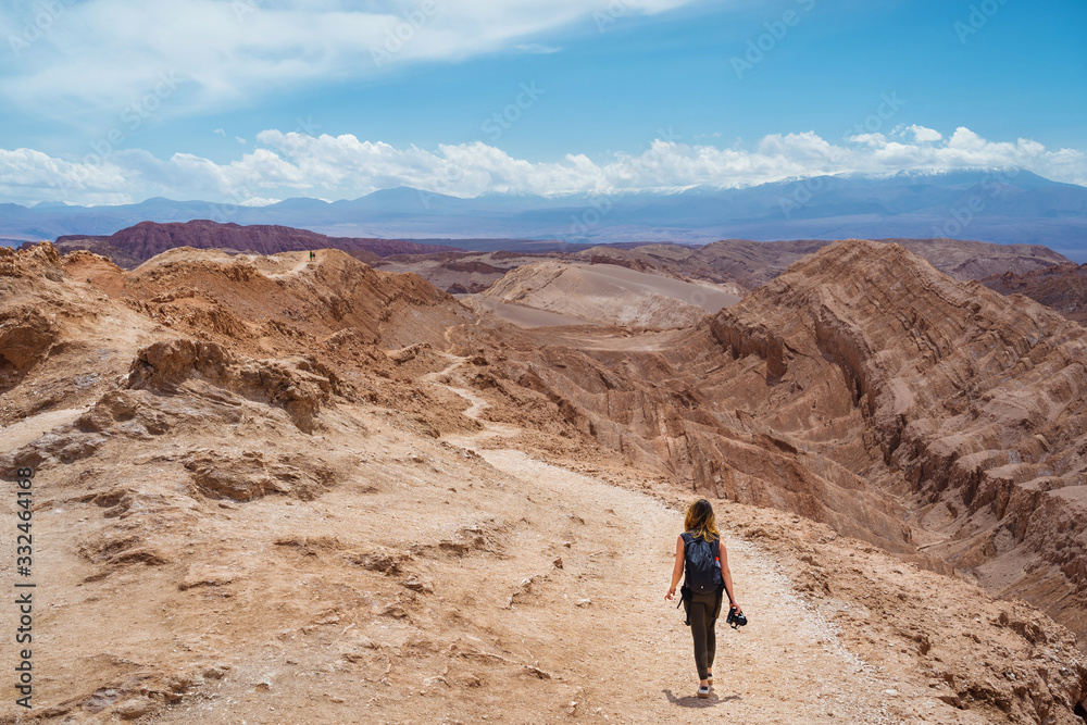 Traveller hiking at the Moon Valley (Spanish: Valley de la Luna ) in the Atacama Desert, northern Chile, South America. Traveller hiking at the Moon Valley (Spanish: Valley de la Luna ) in the Atacama Desert, northern Chile, South America.