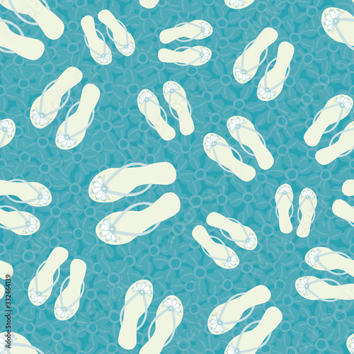 Flip flop shoe on beach seamless vector pattern background. Pretty sandals with tropical flower decoration blue oceanside backdrop. Hot summer all over print for tropical marine resort concept