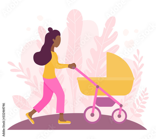 Young african american woman walking with her newborn child in an yellow pram. Modern flat style vector illustration. Young girl on a walk with a stroller and a child in nature. Walks in the open air.