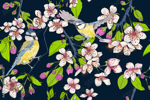 Seamless vector pattern with blooming flowers and blue titmouse. Colorful fabric, textile swatch. Blooming cherry, twigs and flying tit. Beautiful spring, summer composition. Dark, moody background.