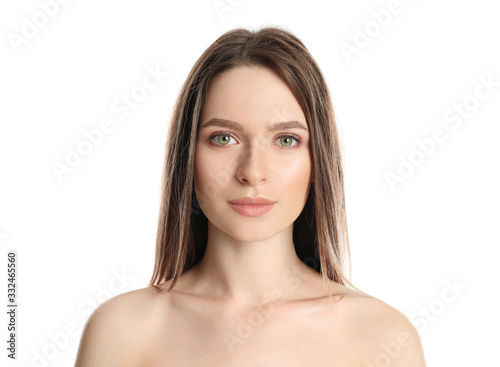 Portrait of young woman with beautiful face on white background