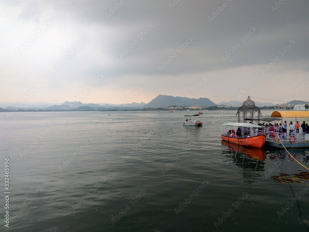 View of Lake with boats at Udaipur. 