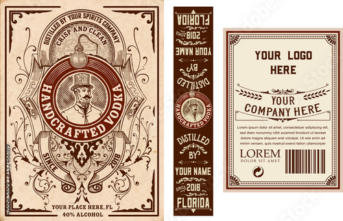 Vintage liquor labels template. Front, back and top sides photo