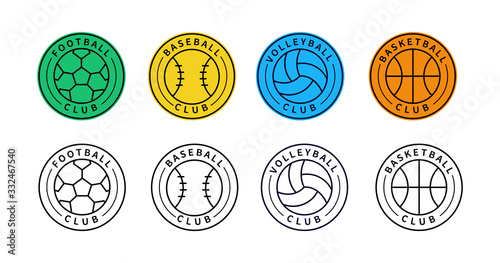 Set of sport team logos. Foootball, Baseball, Volleyball, Basketball Club Emblem vector design.