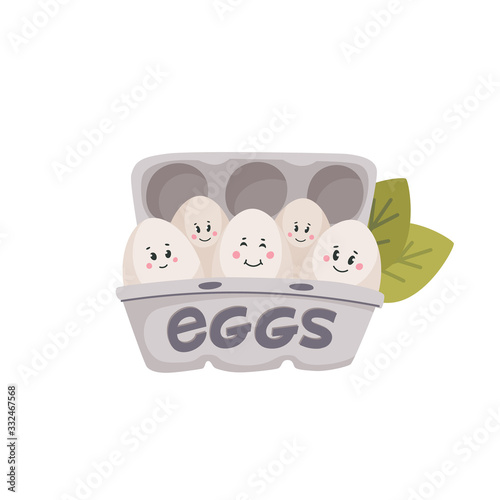 Cute eggs. White eggs with cute faces in carton box. Chicken eggs friends wit...