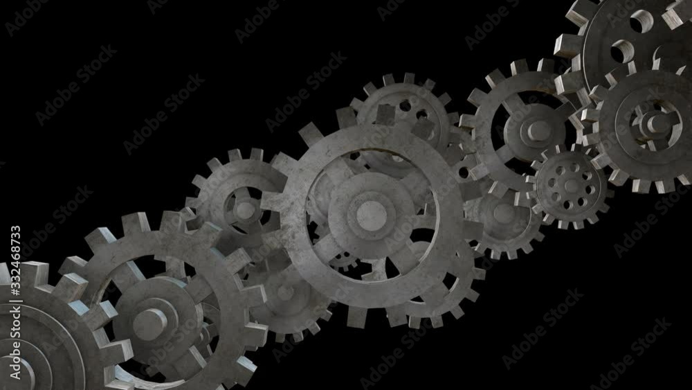 Realistic rotated metal gear wheels isolated on black background. Digital technology concept composition. Abstract looped 3d animation.