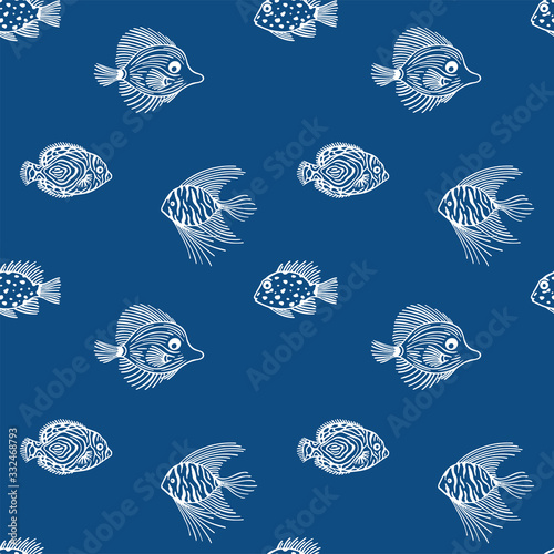 Seamless pattern with fish on classic blue background. Color is classic blue. Cute Sea pattern with fish . Layout design use for aquarium shops, seaquarium, fish market and shop. Textile