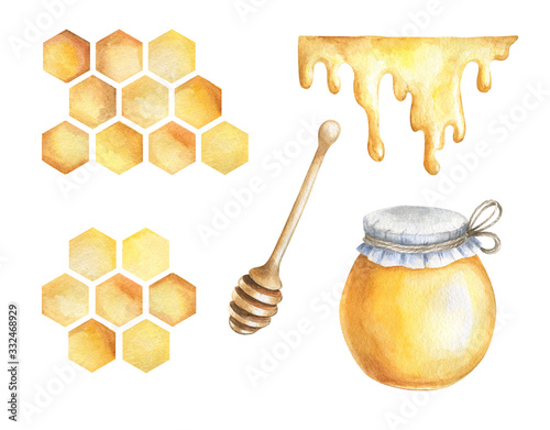  Watercolor illustration with honey, honeycombs 