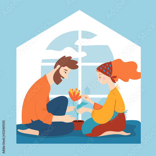 Stay home vector quarantine illustration with brave people spend time at home
