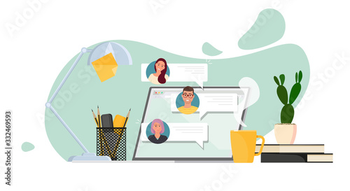 A laptop chat message, notifications vector illustration cactus, cup, books, lamp, workplace