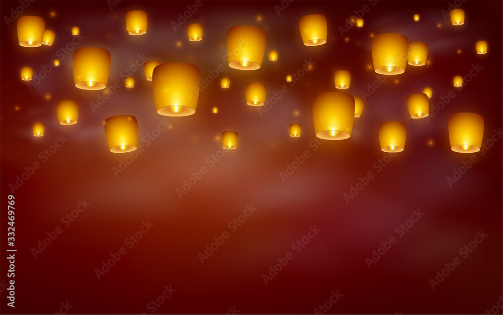 Flying paper sky lanterns with flame at night sky. Traditional design
