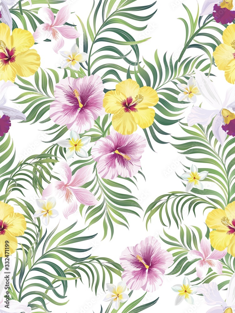 Exotic tropical flowers  hibiscus palm leaves pattern seamless. Jungle vector vintage wallpaper