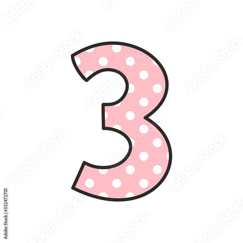 Number 3 with white polka dots on pink, vector illustration isolated on white background