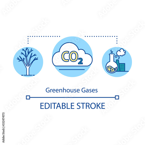 Greenhouse gases concept icon. Overconsumption results idea thin line illustration. Pollution of factories. Carbon dioxide in air. Vector isolated outline RGB color drawing. Editable stroke