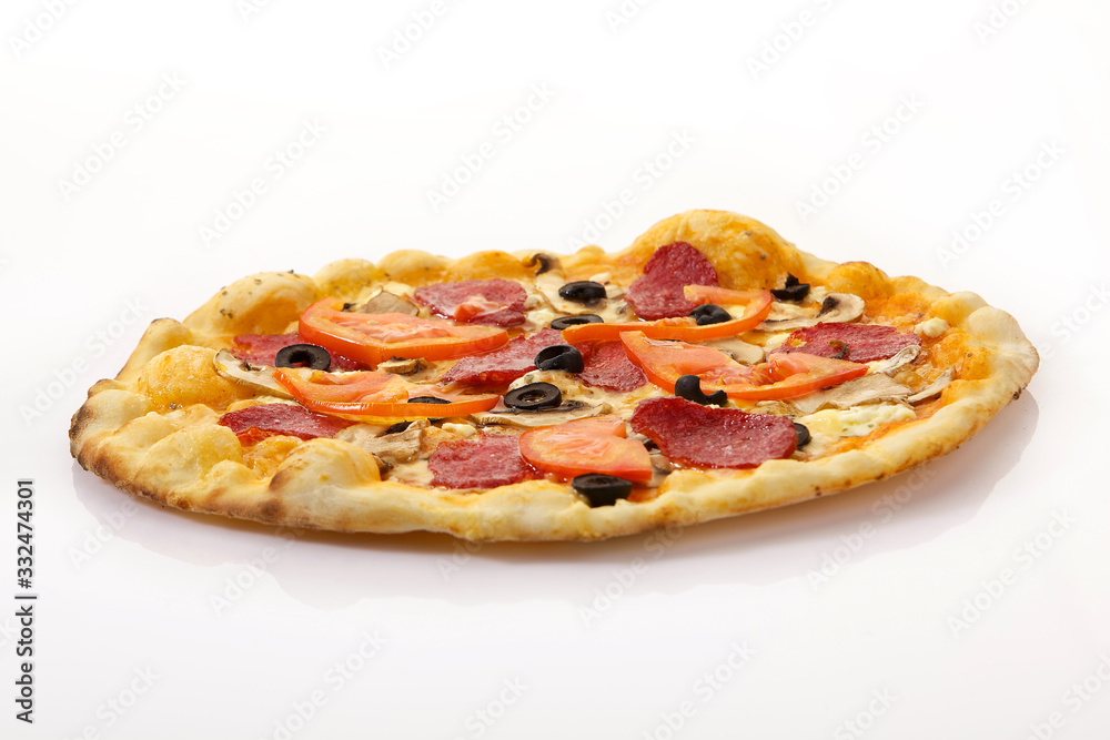 Flatlay of Italian pizza on wooden background. Rustic homemade pizzas with salami, bacon, cheese, eggs and raw vegetables on shabby wooden background. Healthy vegetarian fungi pizza Flatlay of Italian pizza on wooden background. Rustic homemade pizzas with salami, bacon, cheese, eggs and raw vegetables on shabby wooden background. Healthy vegetarian fungi pizza