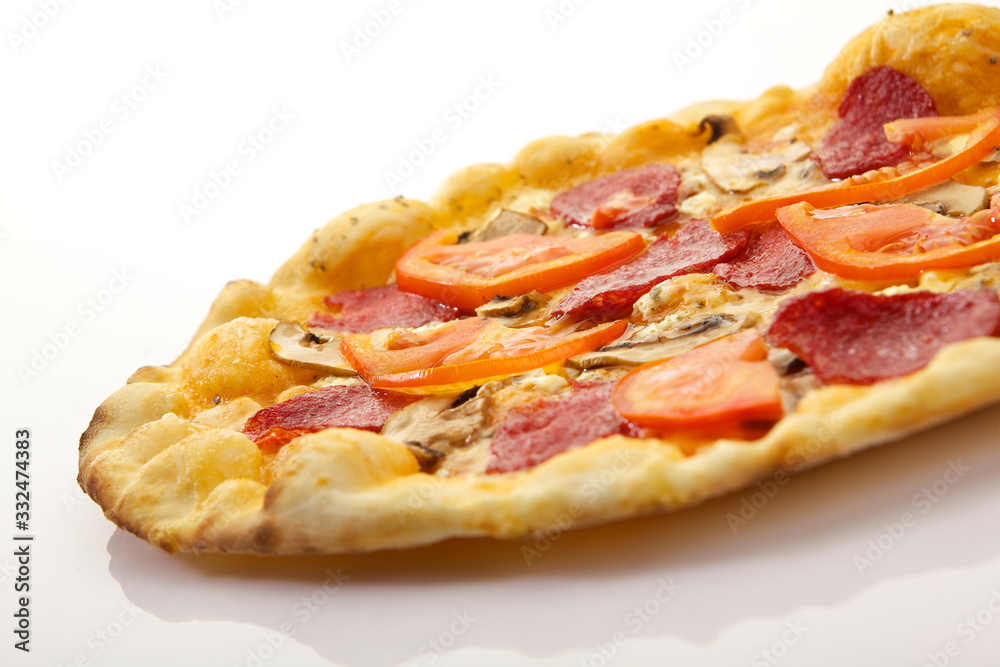 Flatlay of Italian pizza on wooden background. Rustic homemade pizzas with salami, bacon, cheese, eggs and raw vegetables on shabby wooden background. Healthy vegetarian fungi pizza Flatlay of Italian pizza on wooden background. Rustic homemade pizzas with salami, bacon, cheese, eggs and raw vegetables on shabby wooden background. Healthy vegetarian fungi pizza