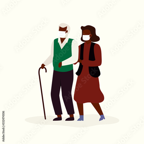 Relatives walking with senior in medical masks to protective from virus or coronavirus or air pollutions.