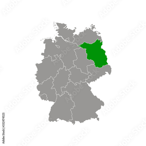 Location of Brandenburg on map Federal Republic of Germany. 3d Brandenburg location sign similar to the flag of Brandenburg. Quality map of Germany with regions. EPS10.