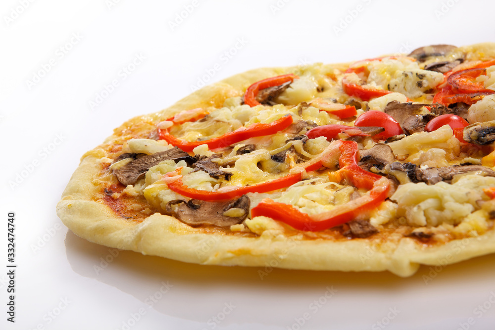 Flatlay of Italian pizza on wooden background. Rustic homemade pizzas with salami, bacon,  cheese, eggs and raw vegetables on shabby wooden background. Healthy vegetarian fungi pizza