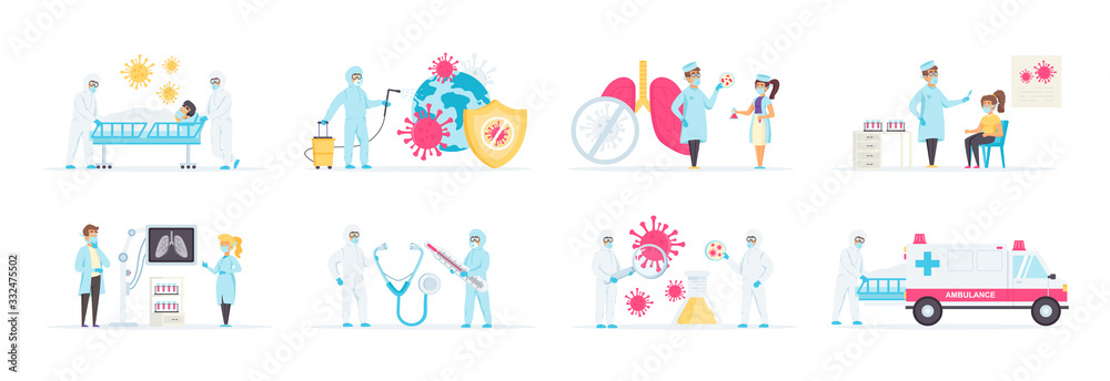 Virology diagnosis and treatment in clinic vector set. Laboratory research and vaccine development. Ambulance service and coronavirus disinfection. Virologists wear hazmat suits in various scenes.