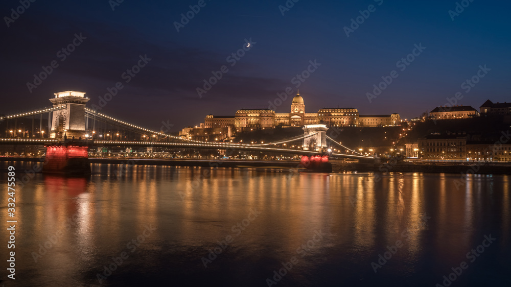 Szechenyi Chain Bridge over the River Danube at night in Budapest