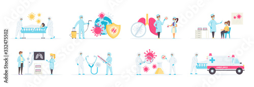 Virology diagnosis and treatment in clinic vector set. Laboratory research and vaccine development. Ambulance service and coronavirus disinfection. Virologists wear hazmat suits in various scenes.