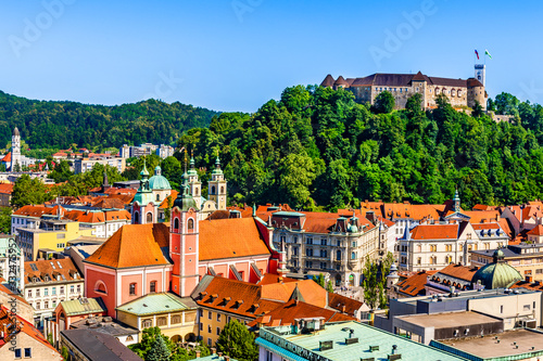 Old town and the medieval Ljubljana castle on top of a forest hill in Ljubljana, Slovenia