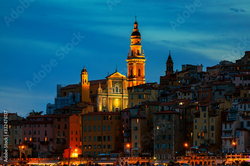 Evening view on old town of Menton, France.