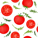 Red tomatoes on white background. Tomato vegetable with arugula leaves. Vector illustration. Seamless pattern.