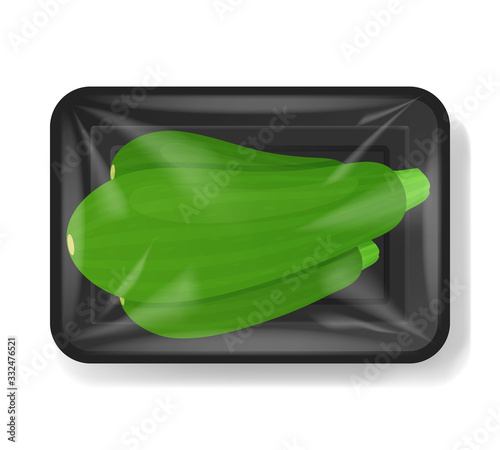 Zucchini in plastic tray container with cellophane cover. Mockup template for your design. Plastic food container. Vector illustration.