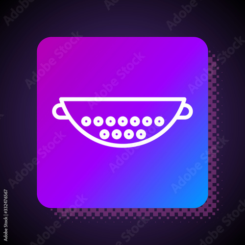 White line Kitchen colander icon isolated on black background. Cooking utensil. Cutlery sign. Square color button. Vector Illustration