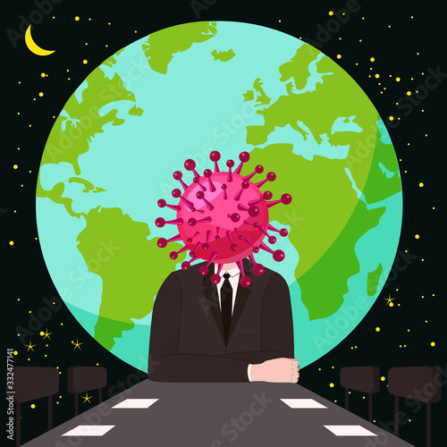 Virus character, human body head virus, leads a meeting at the table. Microbe, Pathogen, coronavirus flu germ virus infection bacteriaicon